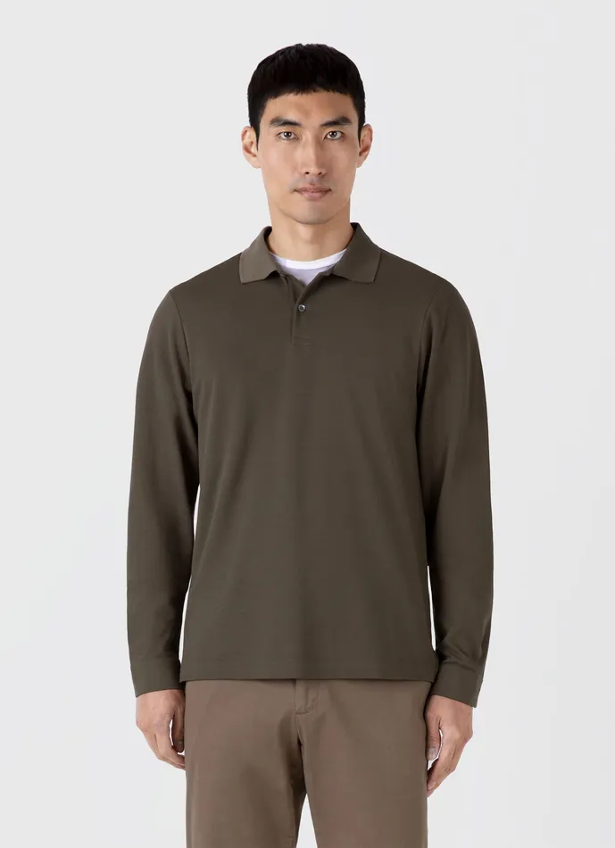 Long Sleeve Piqu Polo Shirt Khaki Men Polo Shirts ussunspel Long Sleeve Piqu Polo Shirt Khaki Men Polo Shirts ussunspel