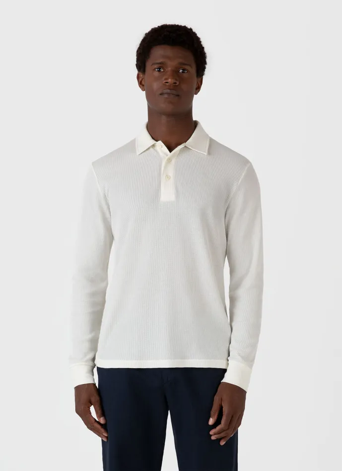 Long Sleeve Waffle Polo Shirt Ecru Polo Shirts ussunspel Men