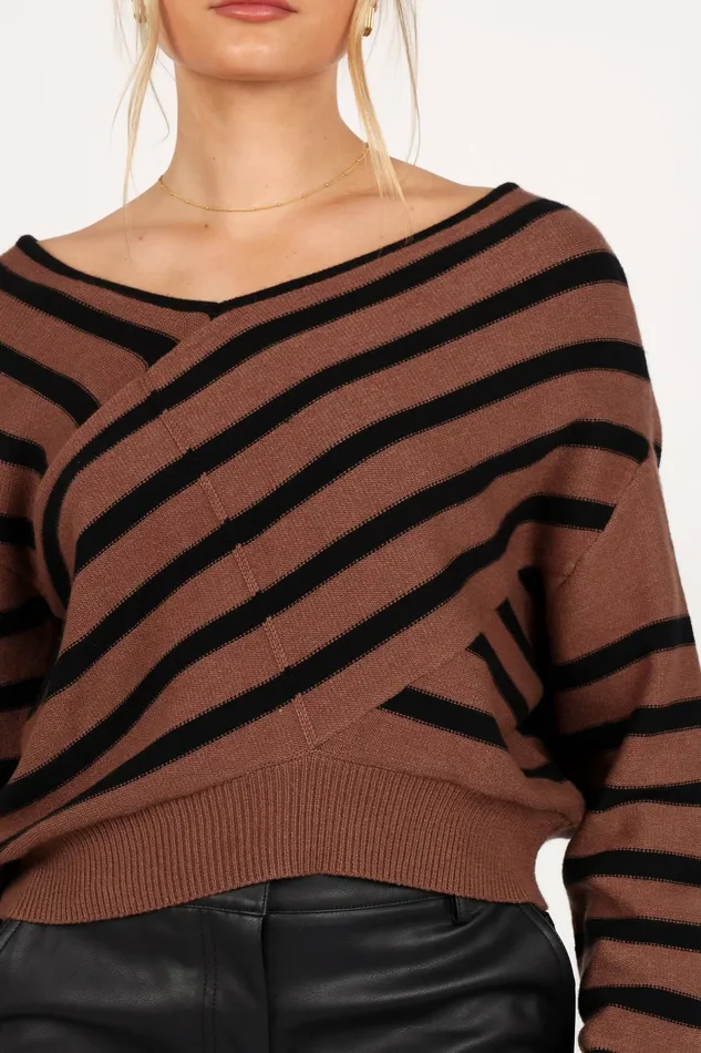 Lynette Criss Cross Stripe Sweater BlackTan Women Sweaters Petal and Pup