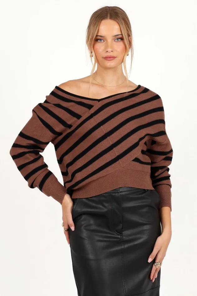 Lynette Criss Cross Stripe Sweater BlackTan Women Sweaters Petal and Pup