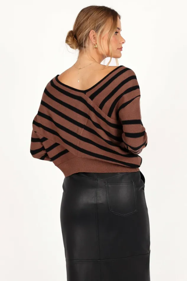 Lynette Criss Cross Stripe Sweater BlackTan Women Sweaters Petal and Pup