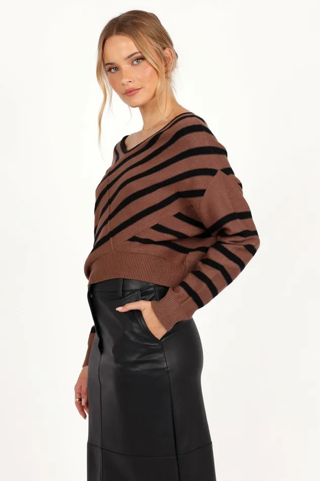 Lynette Criss Cross Stripe Sweater BlackTan Women Sweaters Petal and Pup
