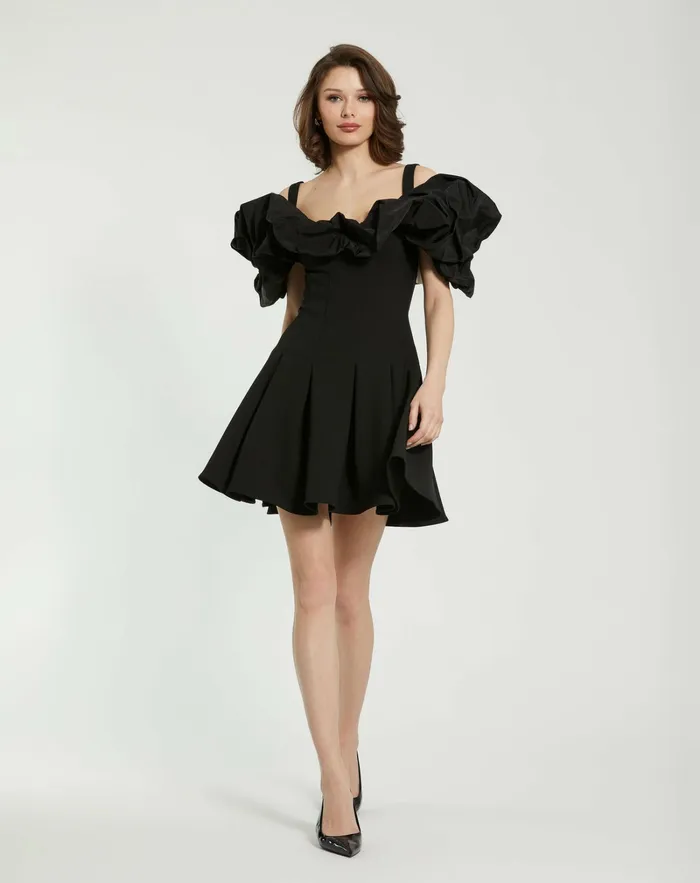 Mac Duggal Crepe Godet Hem Mini Dress With Faille Ruffle Black Women Daytime Dresses Mac Duggal Crepe Godet Hem Mini Dress With Faille Ruffle Black Women Daytime Dresses
