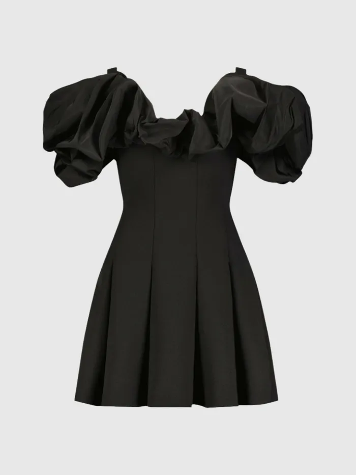 Mac Duggal Crepe Godet Hem Mini Dress With Faille Ruffle Black Women Daytime Dresses