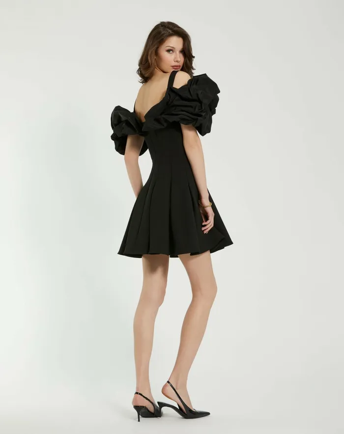 Mac Duggal Crepe Godet Hem Mini Dress With Faille Ruffle Black Women Daytime Dresses