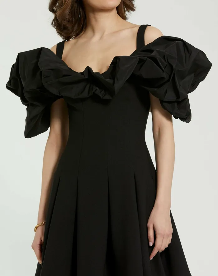 Mac Duggal Crepe Godet Hem Mini Dress With Faille Ruffle Black Women Daytime Dresses