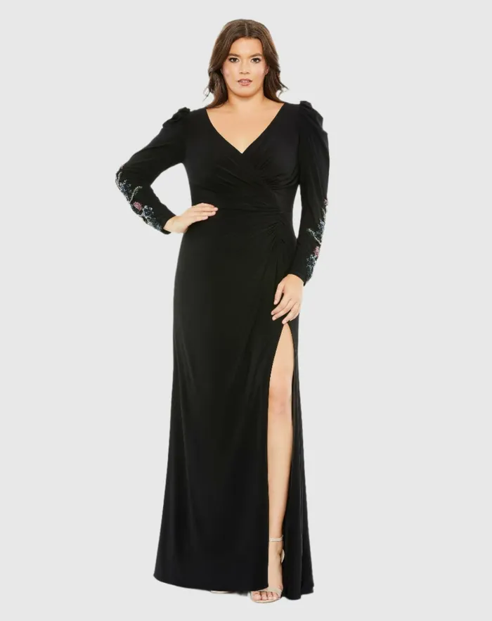 Mac Duggal Embellished Long Sleeve Faux Wrap Gown Plus Black Women Plus Size Dresses Mac Duggal Embellished Long Sleeve Faux Wrap Gown Plus Black Women Plus Size Dresses