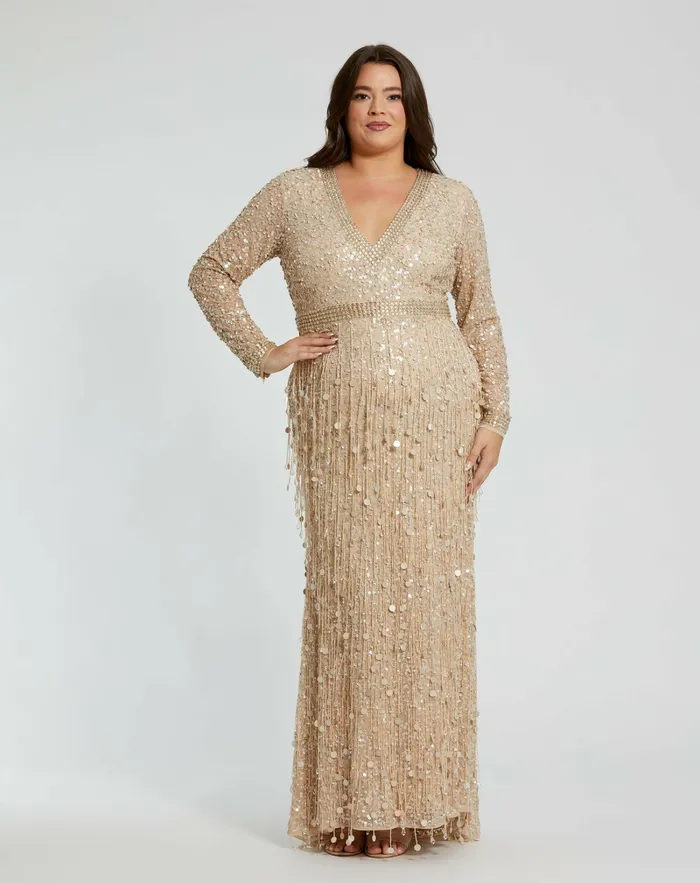 Mac Duggal Evening Gowns Women Embellished Fringe Long Sleeve Gown Nude Gold