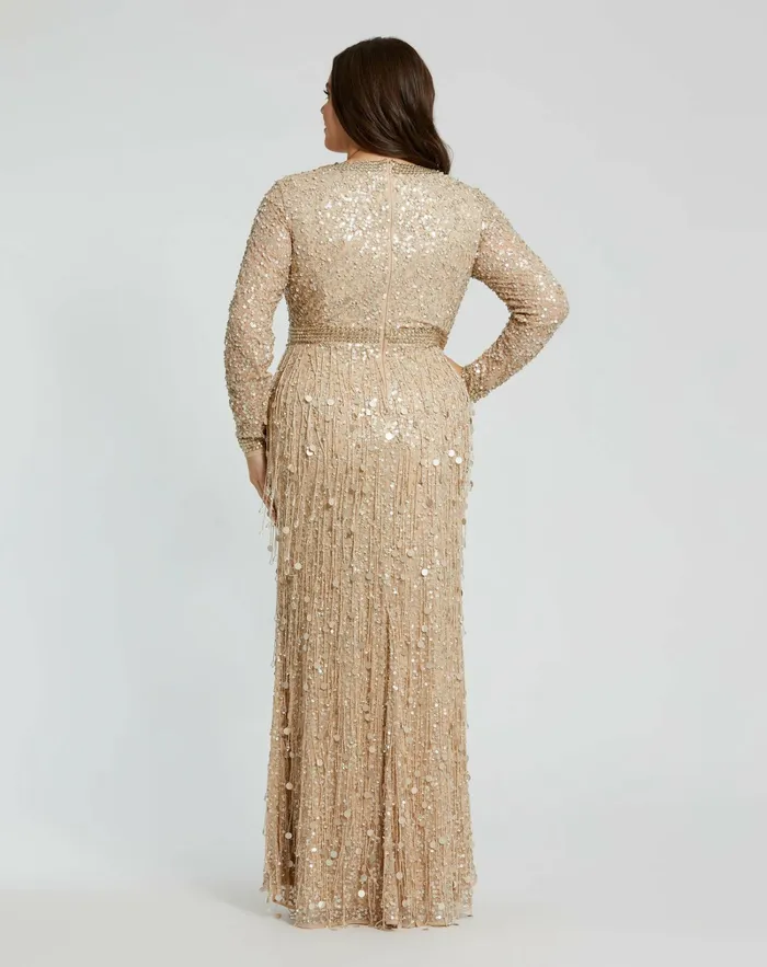 Mac Duggal Evening Gowns Women Embellished Fringe Long Sleeve Gown Nude Gold