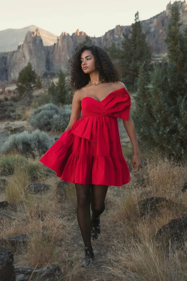 Mac Duggal Every Day Dresses Women Faille Strapless Twist Bow Mini Dress Cherry