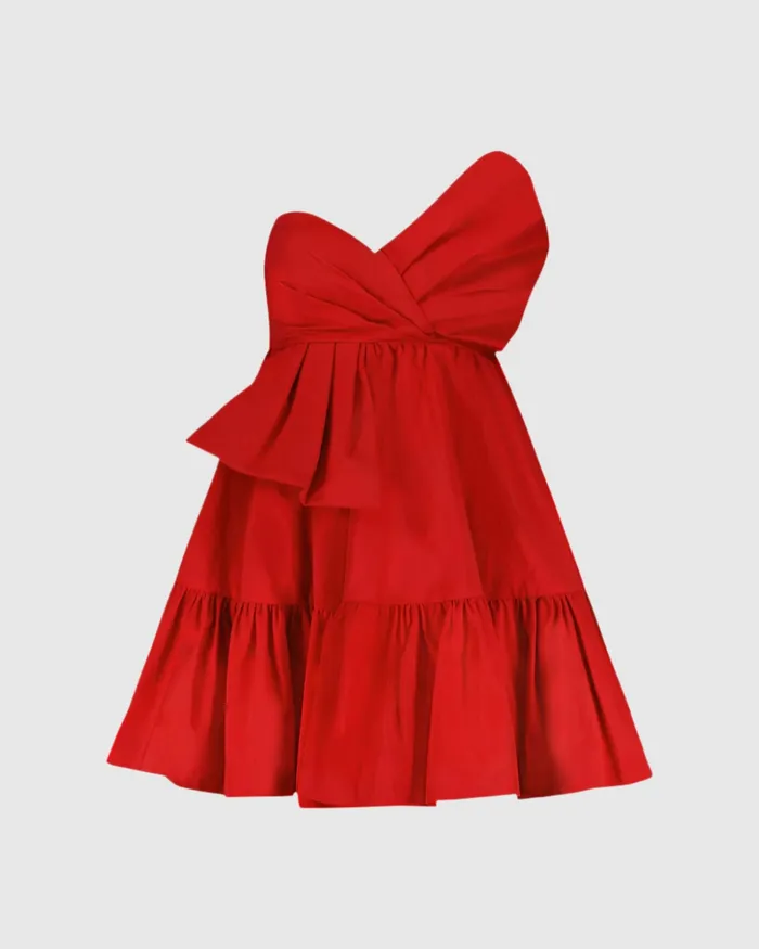 Mac Duggal Every Day Dresses Women Faille Strapless Twist Bow Mini Dress Cherry