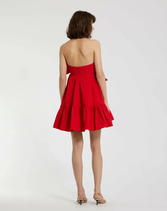 Mac Duggal Every Day Dresses Women Faille Strapless Twist Bow Mini Dress Cherry