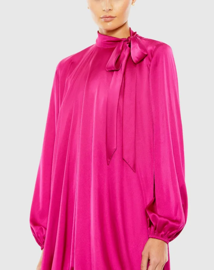 Mac Duggal High Neck Long Sleeve Bubble Hem Dress 8211 FINAL SALE Hot Pink Women Daytime Dresses
