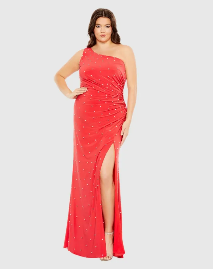 Mac Duggal Jewel Encrusted Draped One Shoulder Gown Plus Cherry Women Plus Size Dresses Mac Duggal Jewel Encrusted Draped One Shoulder Gown Plus Cherry Women Plus Size Dresses