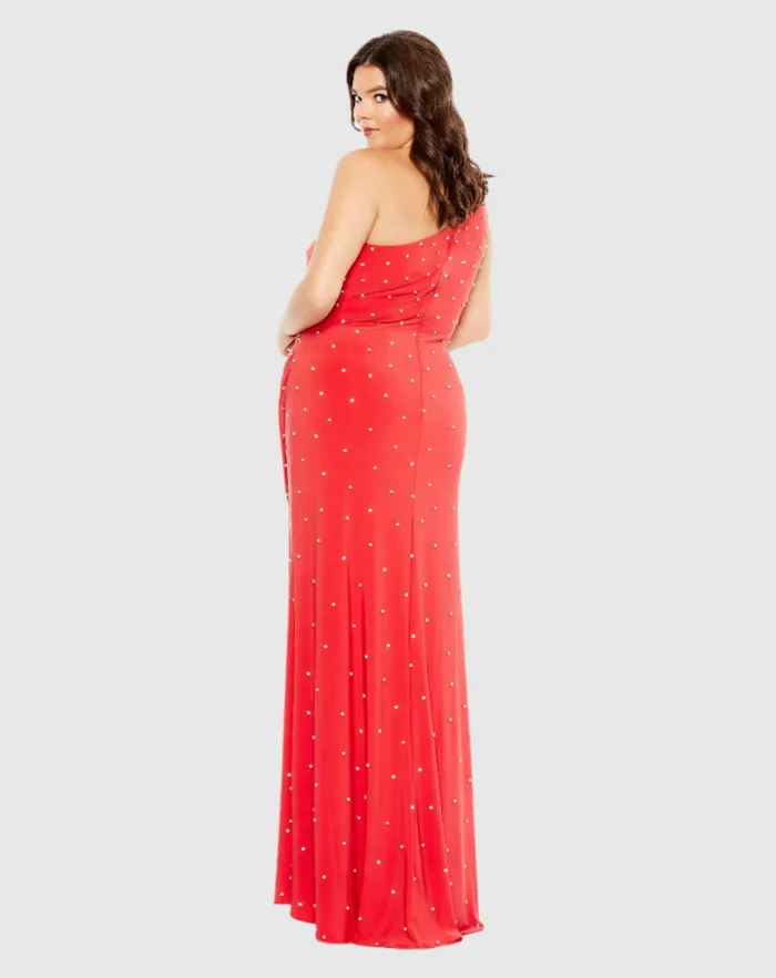 Mac Duggal Jewel Encrusted Draped One Shoulder Gown Plus Cherry Women Plus Size Dresses