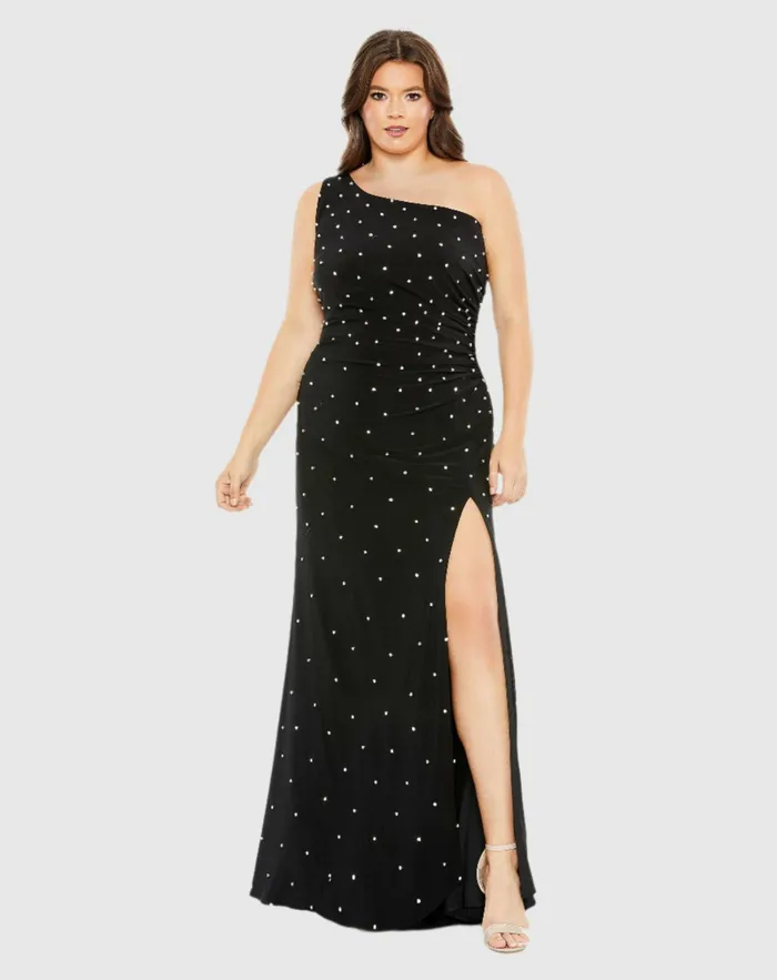 Mac Duggal Jewel Encrusted Draped One Shoulder Gown Plus Cherry Women Plus Size Dresses