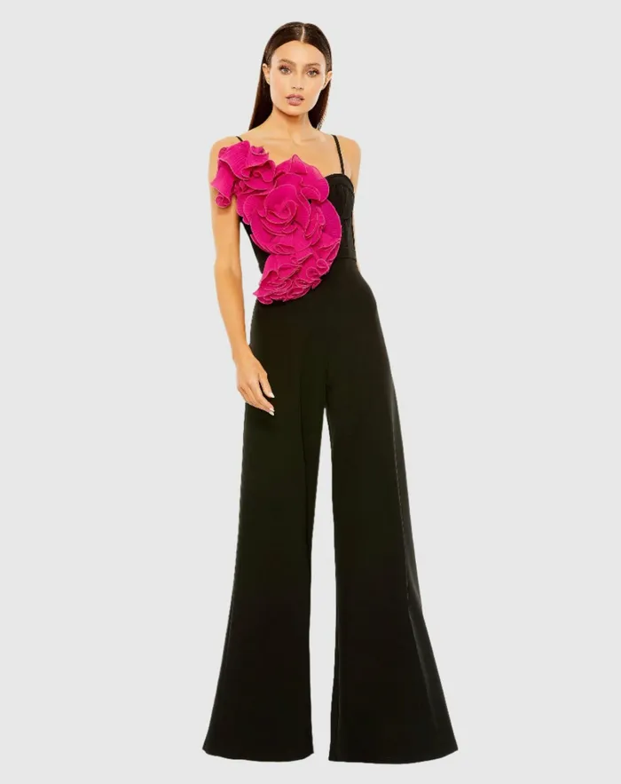 Mac Duggal Jumpsuits and Rompers Women Oversized Ruffle Wide Leg Jumpsuit Black Fuchsia Mac Duggal Jumpsuits and Rompers Women Oversized Ruffle Wide Leg Jumpsuit Black Fuchsia