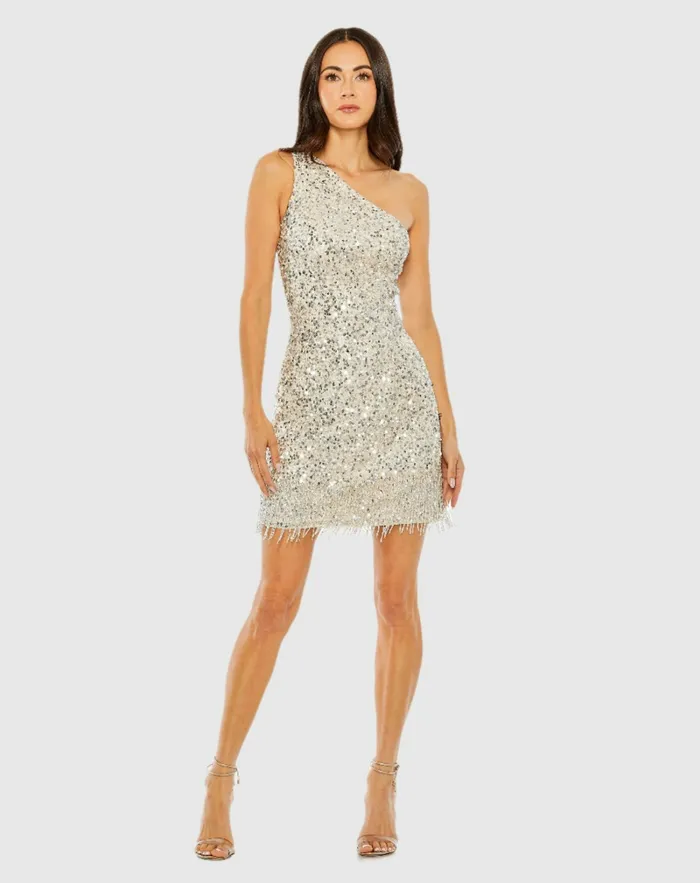 Mac Duggal One Shoulder Embellished Fringe Detail Dress Silver Nude Women Cocktail Dresses Mac Duggal One Shoulder Embellished Fringe Detail Dress Silver Nude Women Cocktail Dresses