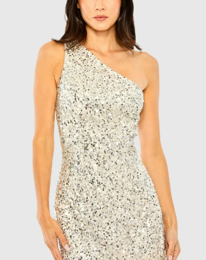 Mac Duggal One Shoulder Embellished Fringe Detail Dress Silver Nude Women Cocktail Dresses Mac Duggal One Shoulder Embellished Fringe Detail Dress Silver Nude Women Cocktail Dresses