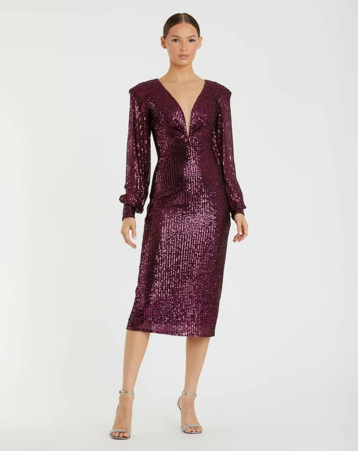 Mac Duggal Sequined Structured Bishop Sleeve Midi Dress Magenta Women Cocktail Dresses Mac Duggal Sequined Structured Bishop Sleeve Midi Dress Magenta Women Cocktail Dresses