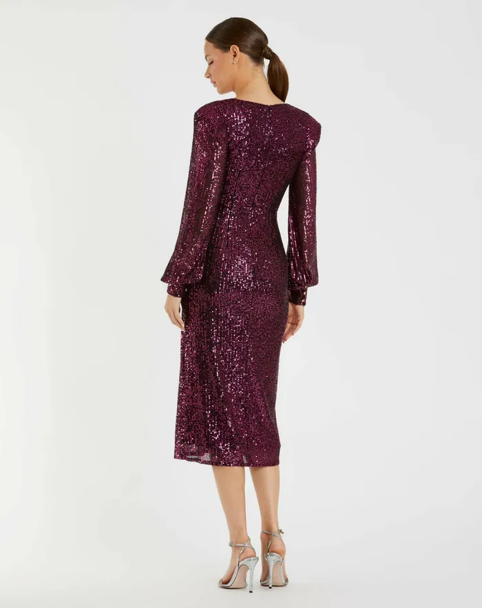 Mac Duggal Sequined Structured Bishop Sleeve Midi Dress Magenta Women Cocktail Dresses