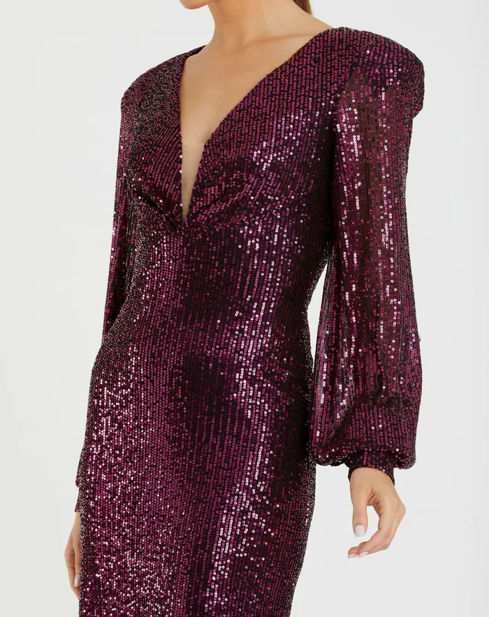 Mac Duggal Sequined Structured Bishop Sleeve Midi Dress Magenta Women Cocktail Dresses