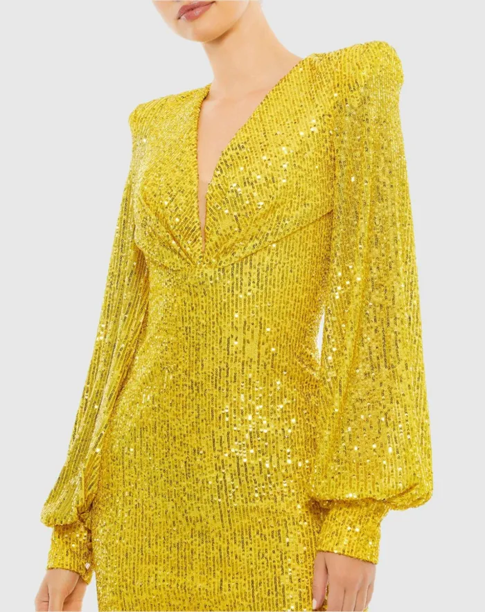 Mac Duggal Sequined Structured Bishop Sleeve Midi Dress Magenta Women Cocktail Dresses