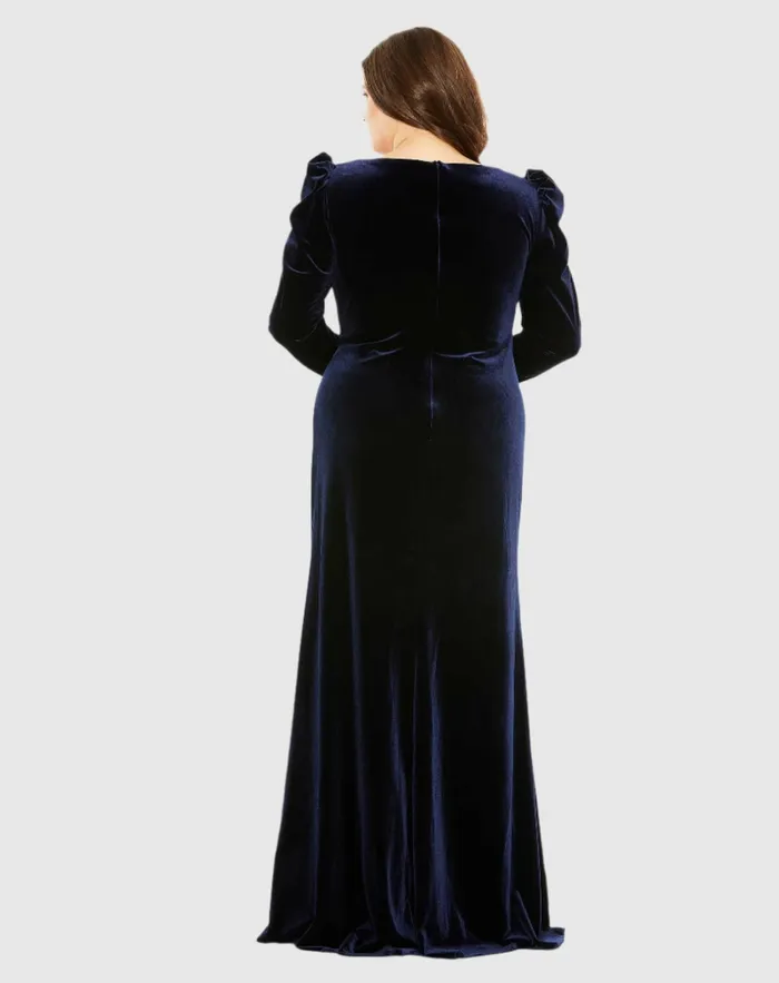 Mac Duggal Velvet Long Sleeve Gown Midnight Women Plus Size Dresses