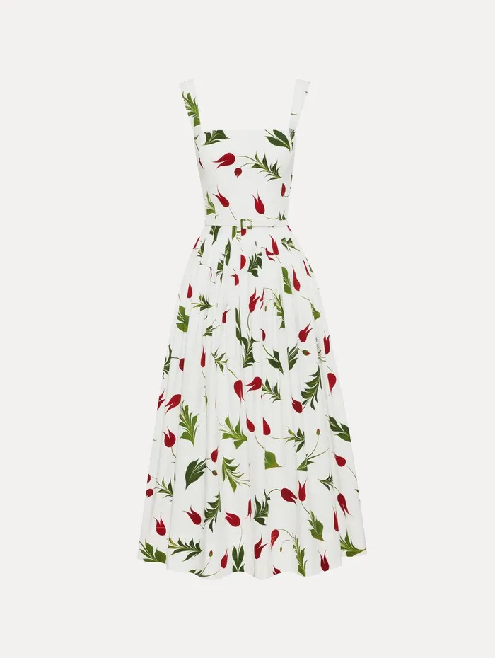 Marbled Tulip Cotton Poplin Dress White Multi Women Oscar De La Renta Dresses Marbled Tulip Cotton Poplin Dress White Multi Women Oscar De La Renta Dresses