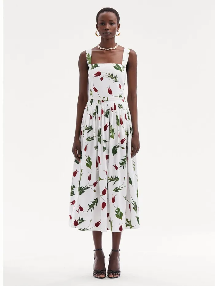 Marbled Tulip Cotton Poplin Dress White Multi Women Oscar De La Renta Dresses