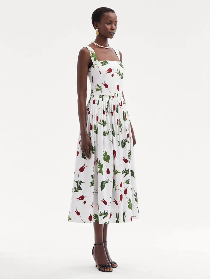 Marbled Tulip Cotton Poplin Dress White Multi Women Oscar De La Renta Dresses