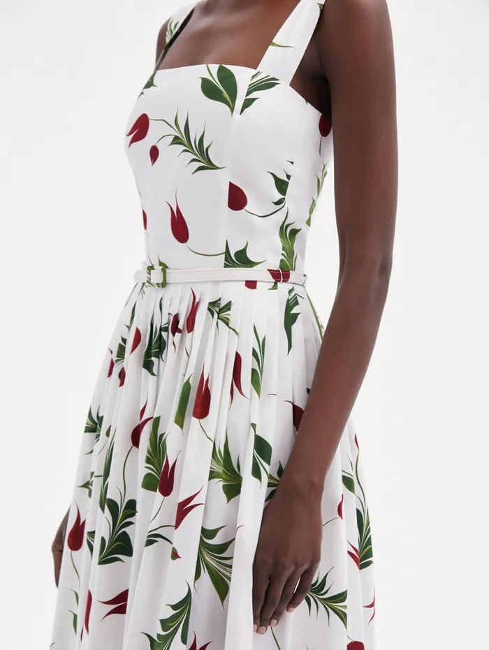 Marbled Tulip Cotton Poplin Dress White Multi Women Oscar De La Renta Dresses