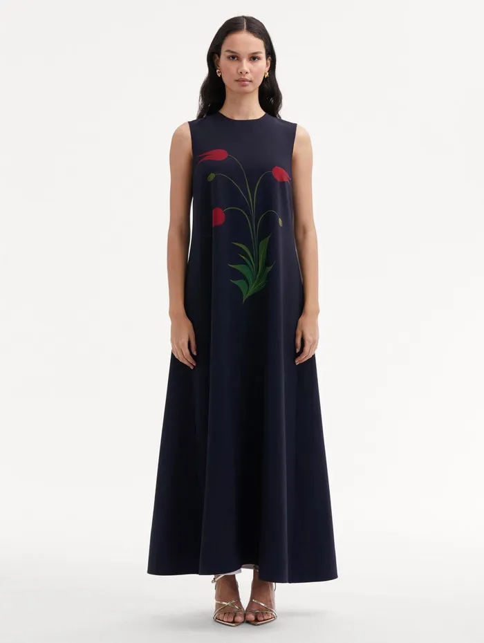 Marbled Tulip Maxi Dress Navy Red Women Oscar De La Renta Dresses Marbled Tulip Maxi Dress Navy Red Women Oscar De La Renta Dresses