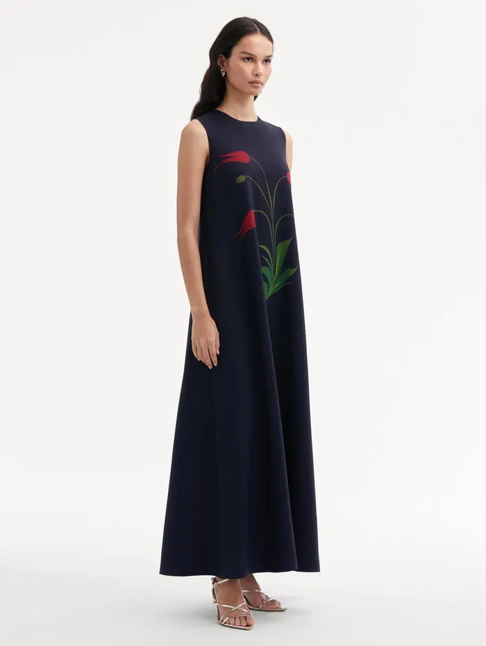 Marbled Tulip Maxi Dress Navy Red Women Oscar De La Renta Dresses Marbled Tulip Maxi Dress Navy Red Women Oscar De La Renta Dresses