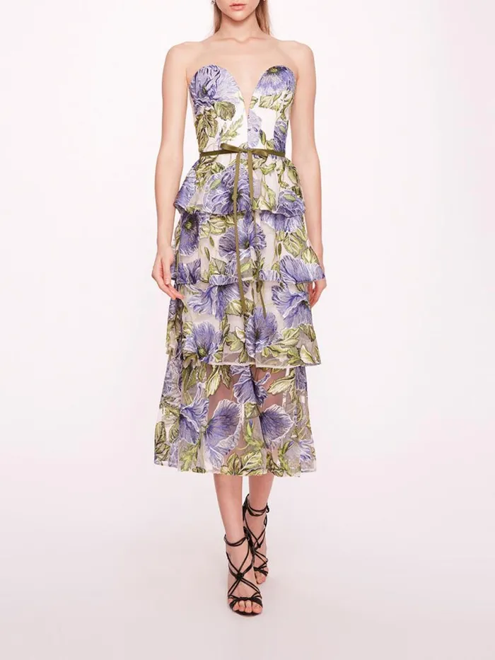 Marchesa Marchesa Notte Embroidered Plunging Midi Dress Blue White 8211 Women Marchesa Marchesa Notte Embroidered Plunging Midi Dress Blue White 8211 Women