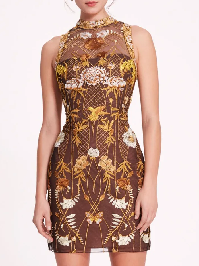 Marchesa Marchesa Notte High Neck Tulle Mini Dress Yellow 8211 Women
