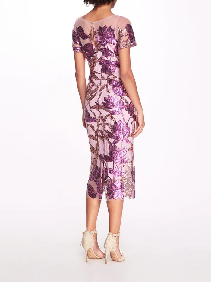 Marchesa Marchesa Notte Lotus Sequin CapSleeved Pencil Dress Purple Mauve 8211 Women