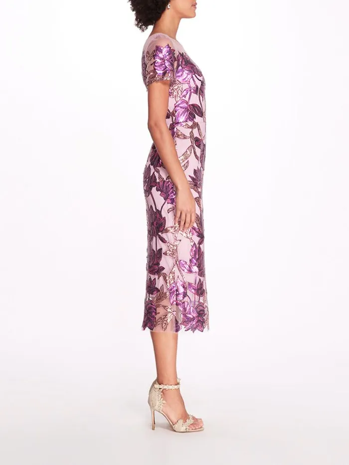 Marchesa Marchesa Notte Lotus Sequin CapSleeved Pencil Dress Purple Mauve 8211 Women