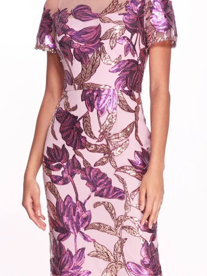 Marchesa Marchesa Notte Lotus Sequin CapSleeved Pencil Dress Purple Mauve 8211 Women