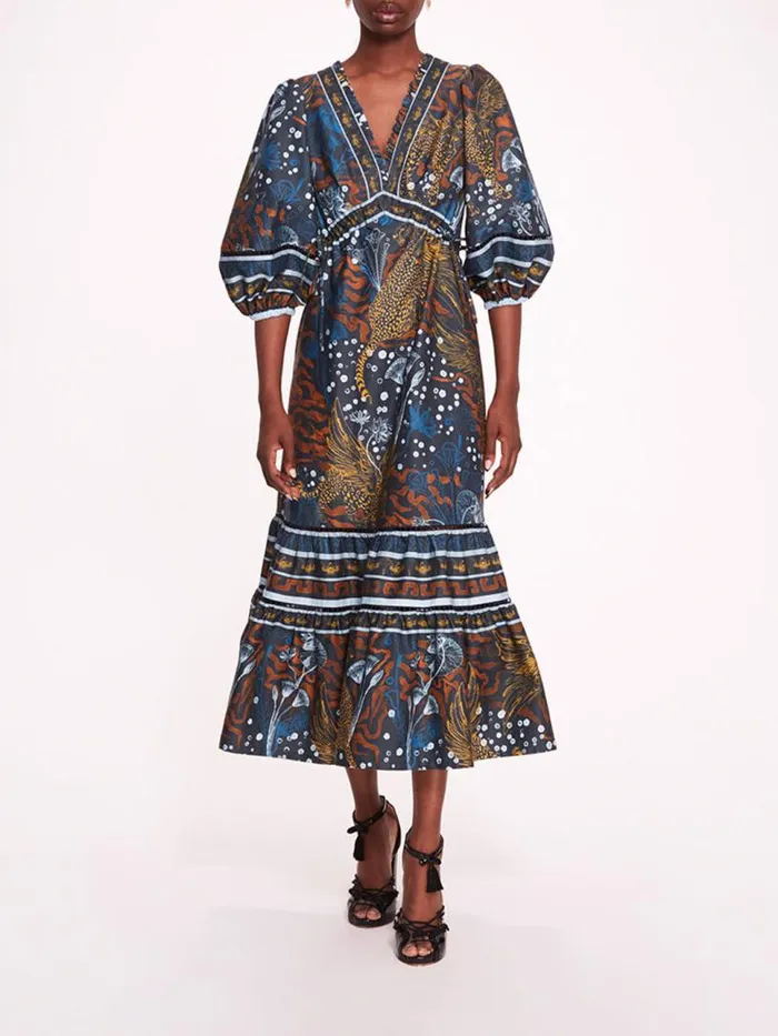 Marchesa Marchesa Rosa Flying Cheetah Tiered Midi Dress Blue Multi 8211 Women Marchesa Marchesa Rosa Flying Cheetah Tiered Midi Dress Blue Multi 8211 Women