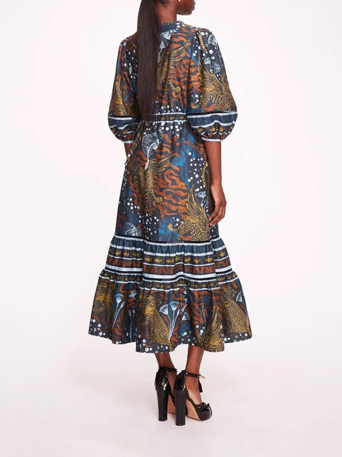 Marchesa Marchesa Rosa Flying Cheetah Tiered Midi Dress Blue Multi 8211 Women