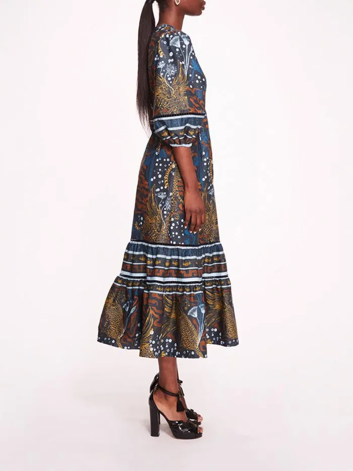 Marchesa Marchesa Rosa Flying Cheetah Tiered Midi Dress Blue Multi 8211 Women