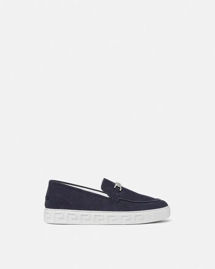 Medusa 03995 Suede Greca Loafers Blue Men Versace Loafers and Slippers