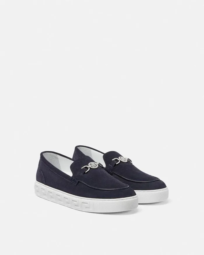Medusa 03995 Suede Greca Loafers Blue Men Versace Loafers and Slippers