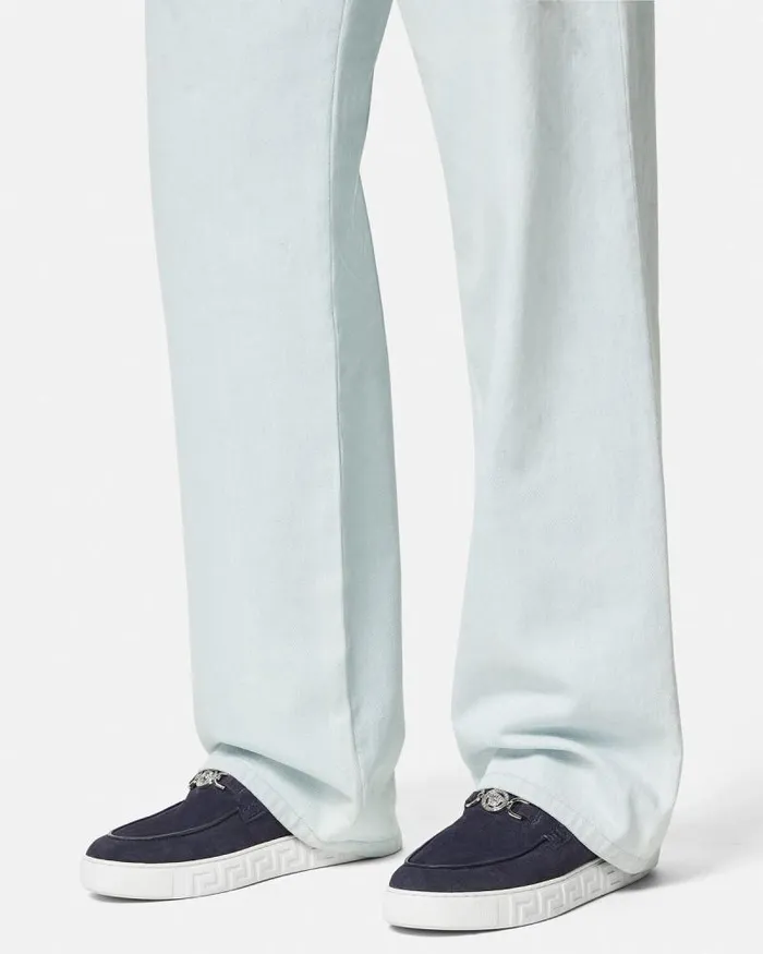 Medusa 03995 Suede Greca Loafers Blue Men Versace Loafers and Slippers