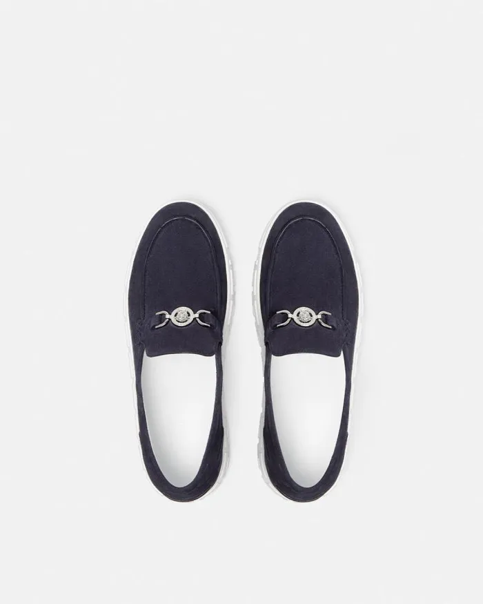 Medusa 03995 Suede Greca Loafers Blue Men Versace Loafers and Slippers
