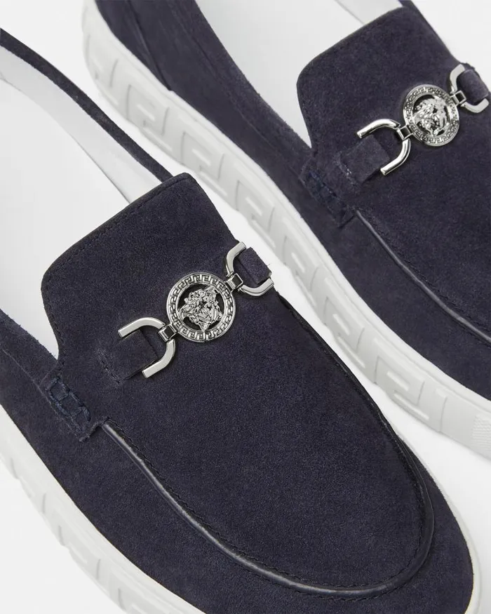 Medusa 03995 Suede Greca Loafers Blue Men Versace Loafers and Slippers