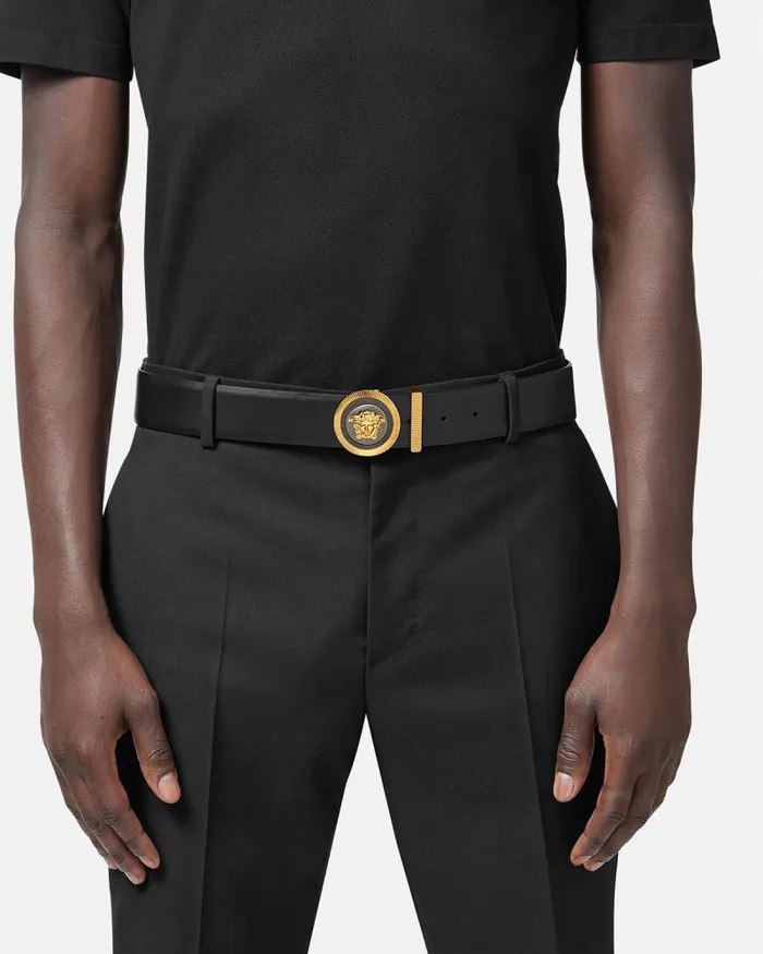 Medusa Biggie Enamel Leather Belt 4 Cm Blackgold Men Versace Belts