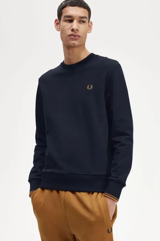 Men Crew Neck Sweatshirt Navydark Caramel Fred Perry Sweatshirts