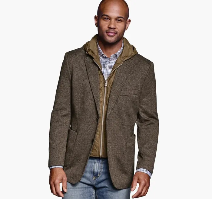 Men Johnston and Murphy Blazers Removable HoodedBib Knit Blazer Camelnavy